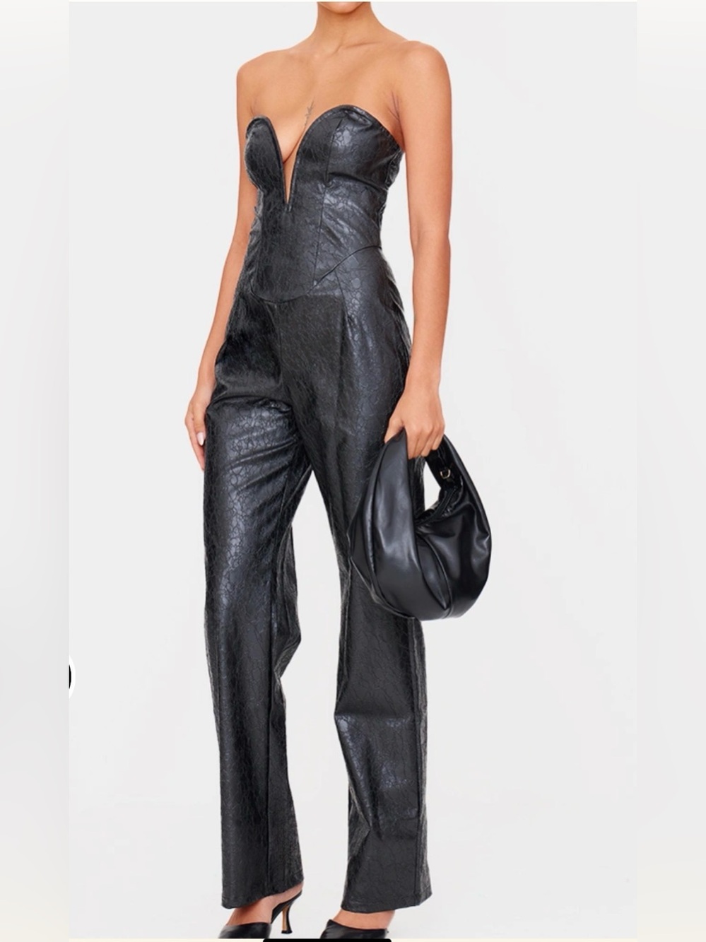 BLACK CROC FAUX LEATHER BANDEAU PLUNGE STRAIGHT LEG‎ JUMPSUIT size S